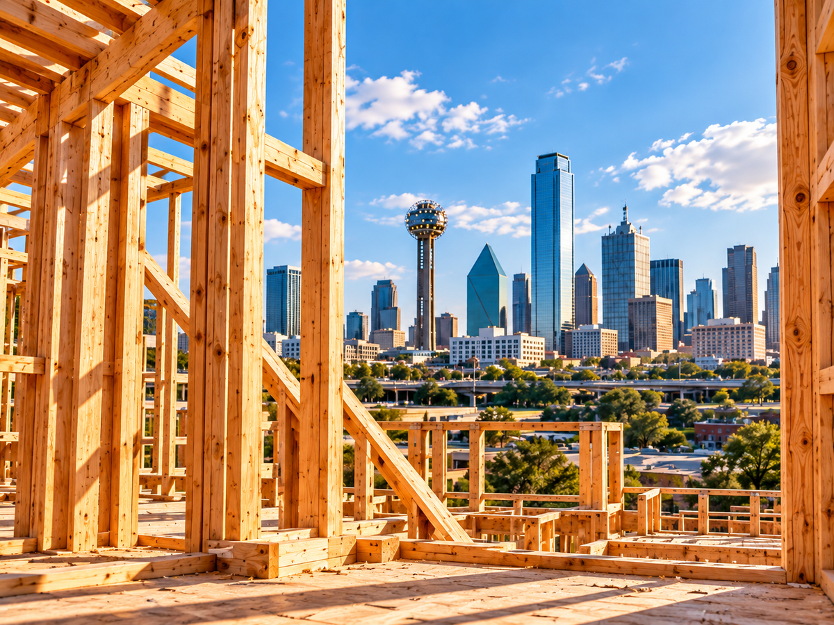 Dallas skyline framed by a construction site